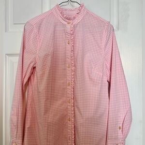 Vineyard Vines Pink Gingham Blouse With Ruffle Detail